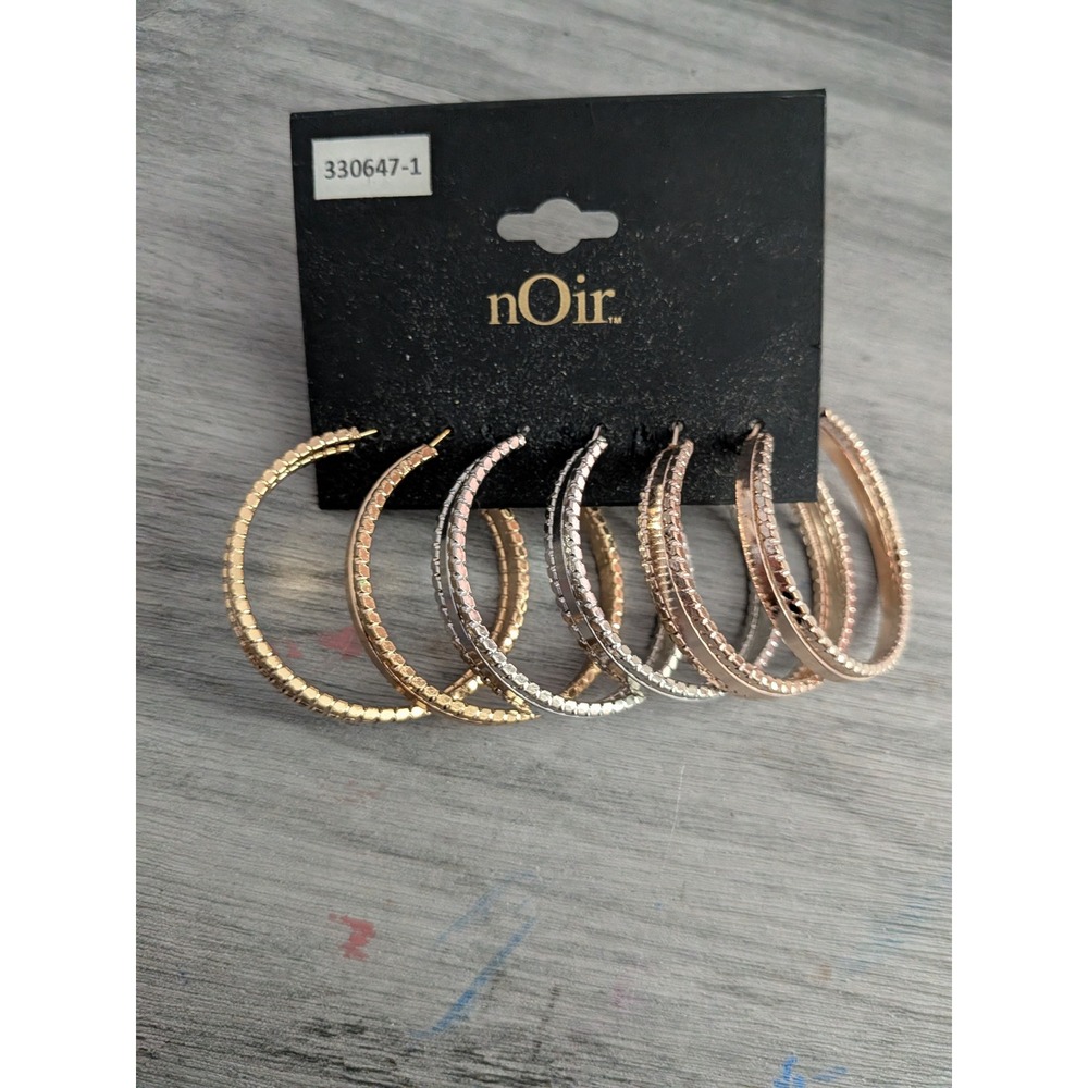 Noir Jewelry 3 Pair Hoop Earring Set Gold Silver Rose Gold Beaded 330647-1